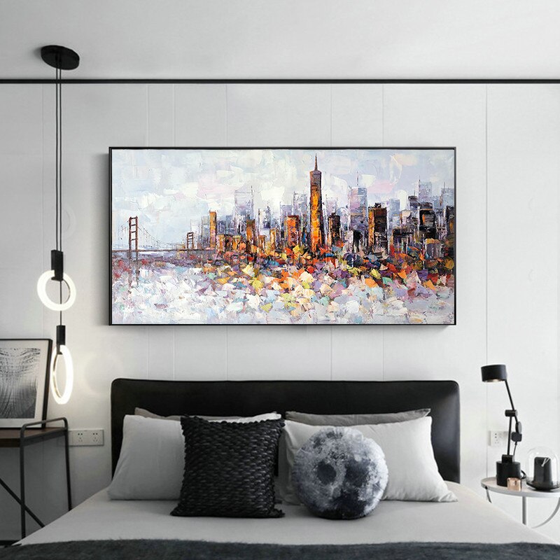 Paleta de pintura al &oacute;leo de paisaje urbano de Nueva York pintada a mano, textura de cuchillo, pintura abstracta sobre lienzo, imagen art&iacute;stica de pared para sala de estar