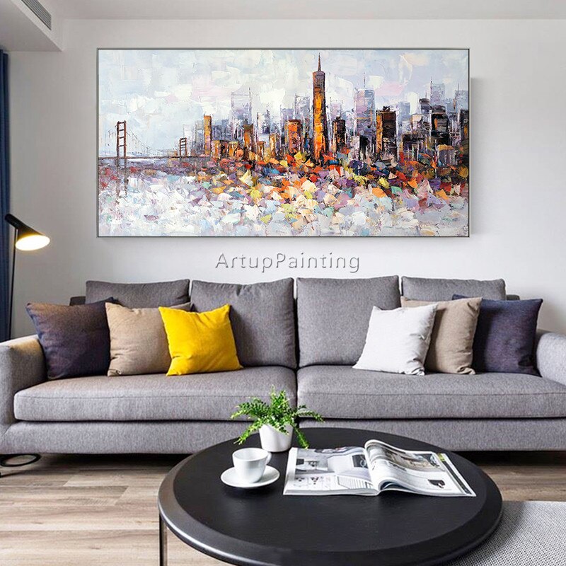 Paleta de pintura al &oacute;leo de paisaje urbano de Nueva York pintada a mano, textura de cuchillo, pintura abstracta sobre lienzo, imagen art&iacute;stica de pared para sala de estar