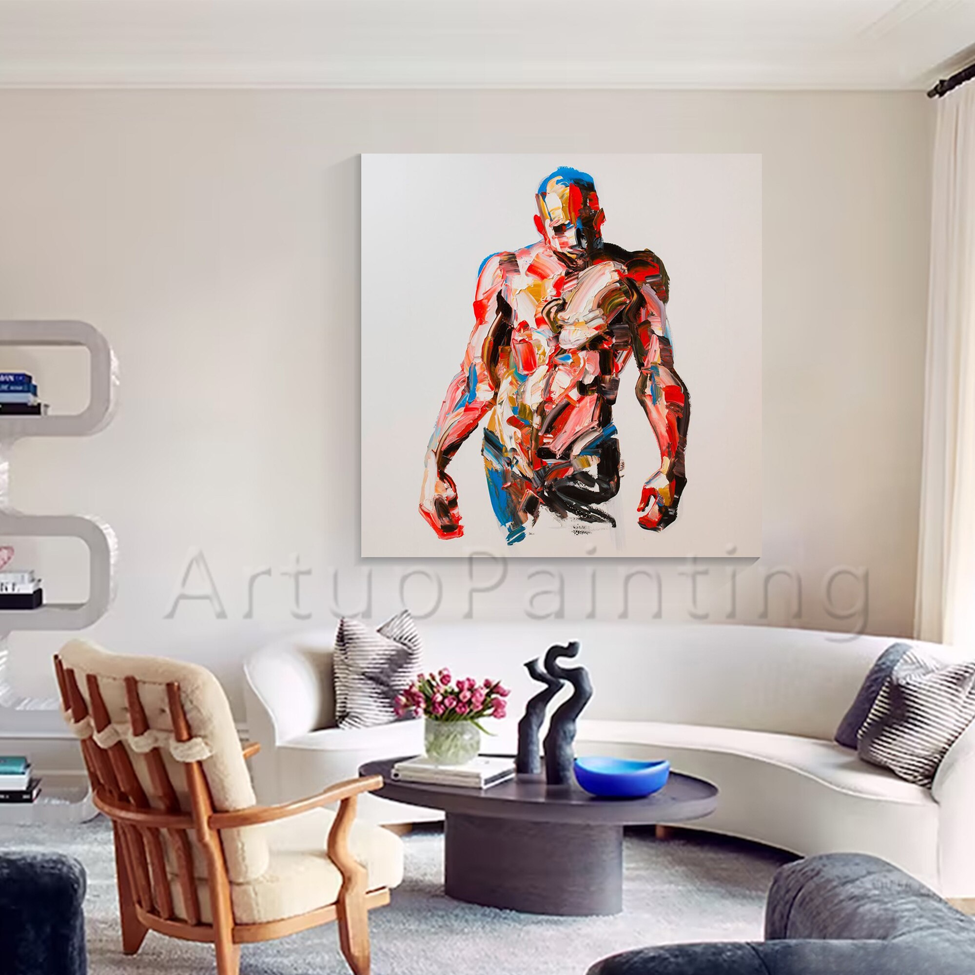 Figura de cuchillo de paleta abstracta moderna, pintura acr&iacute;lica, arte expresista, textura pesada, lienzo de Impasto colorido, decoraci&oacute;n de sal&oacute;n