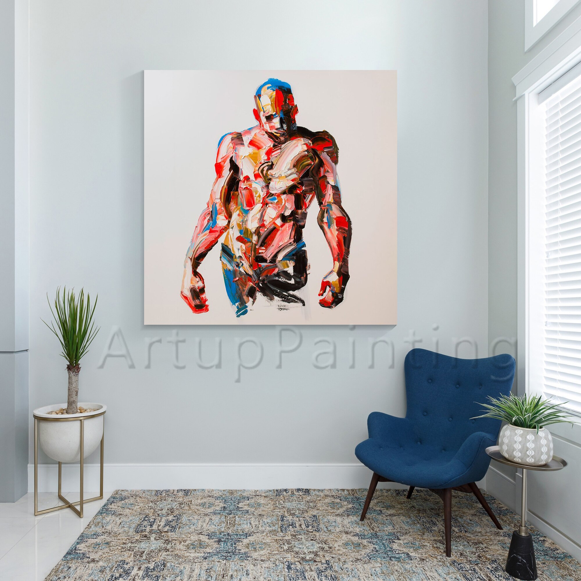 Figura de cuchillo de paleta abstracta moderna, pintura acr&iacute;lica, arte expresista, textura pesada, lienzo de Impasto colorido, decoraci&oacute;n de sal&oacute;n