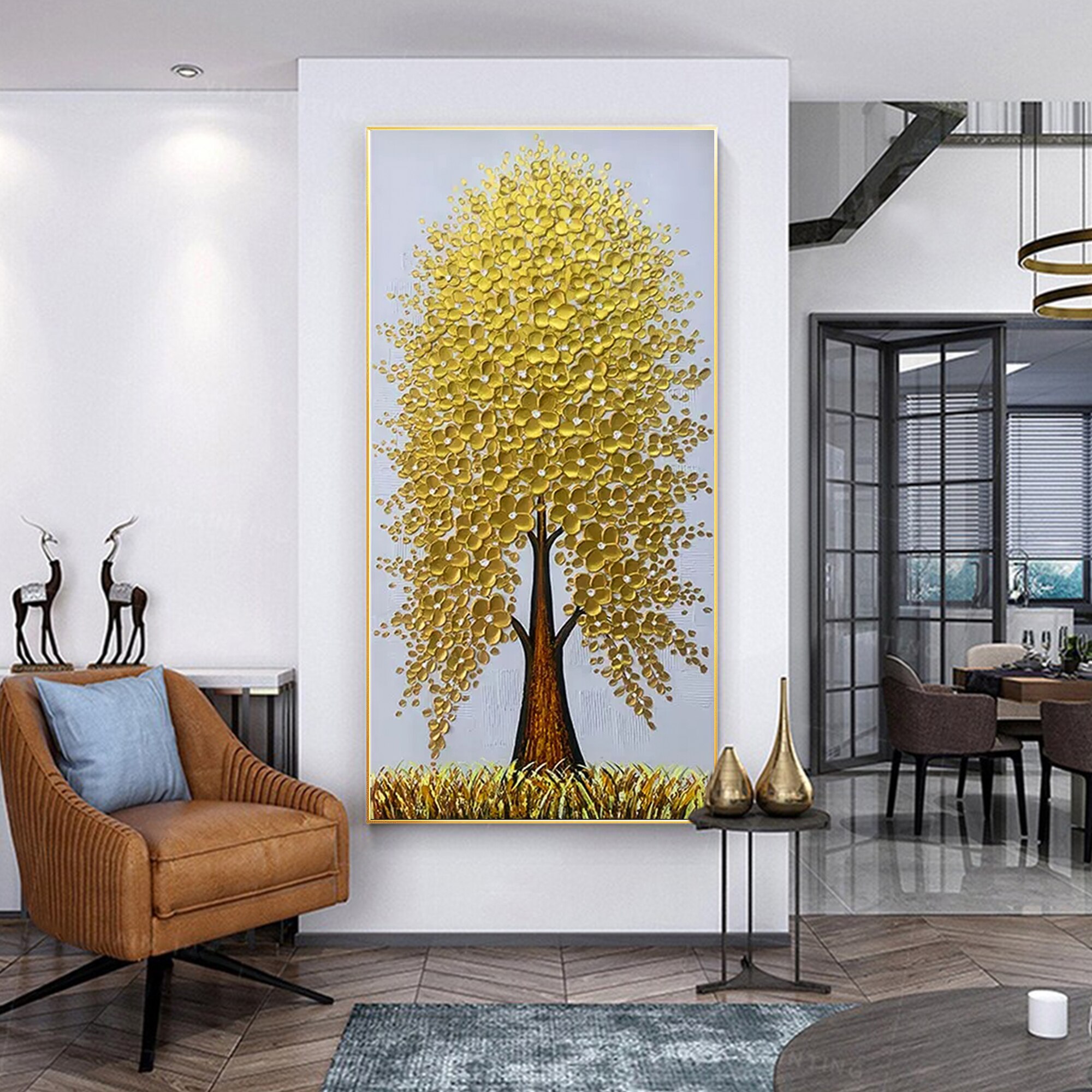 Paleta de pintura de &aacute;rbol texturizado pesado, cuchillo de &Aacute;rbol de Oro, decoraci&oacute;n de Arte de pared Vertical Extra grande