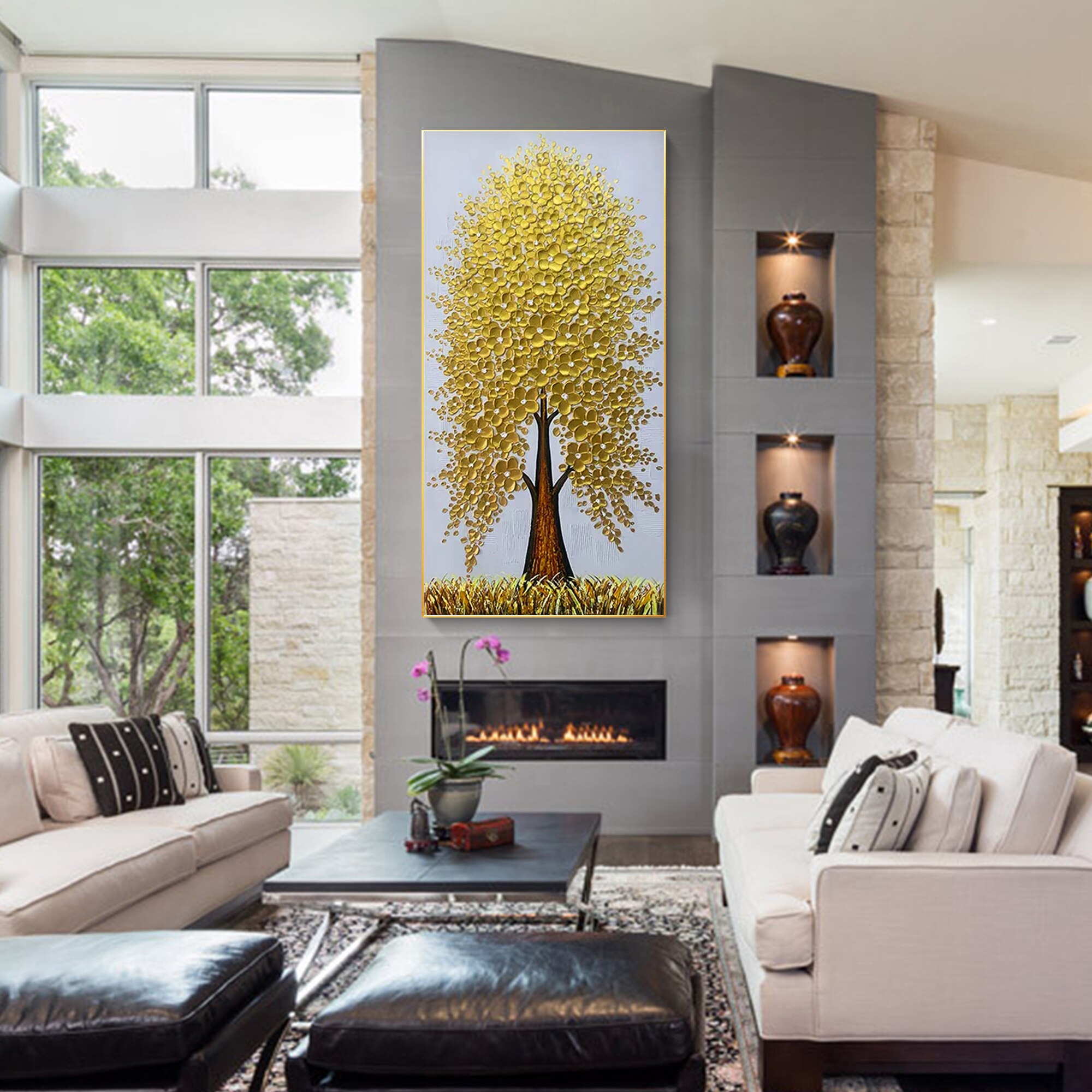 Paleta de pintura de &aacute;rbol texturizado pesado, cuchillo de &Aacute;rbol de Oro, decoraci&oacute;n de Arte de pared Vertical Extra grande