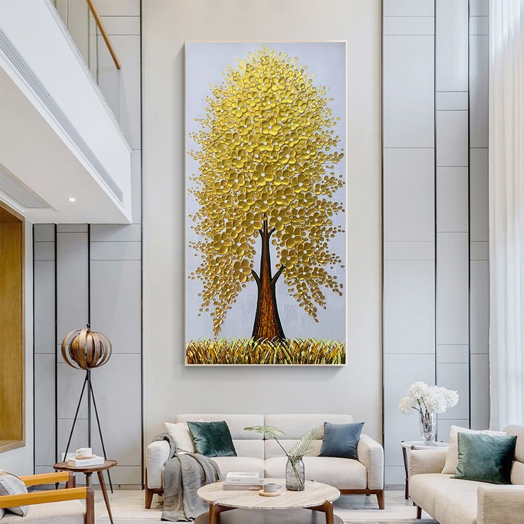 Paleta de pintura de &aacute;rbol texturizado pesado, cuchillo de &Aacute;rbol de Oro, decoraci&oacute;n de Arte de pared Vertical Extra grande