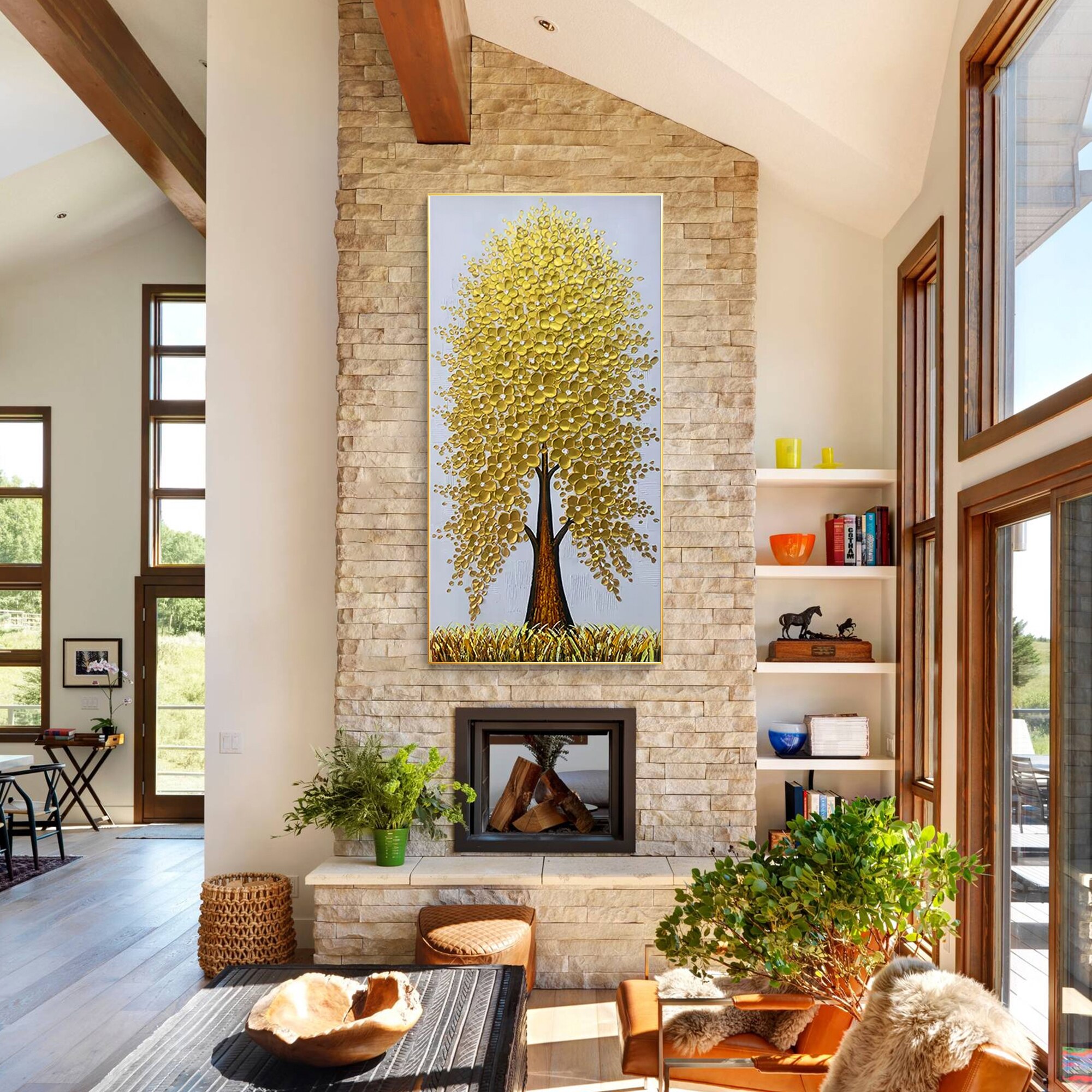 Paleta de pintura de &aacute;rbol texturizado pesado, cuchillo de &Aacute;rbol de Oro, decoraci&oacute;n de Arte de pared Vertical Extra grande