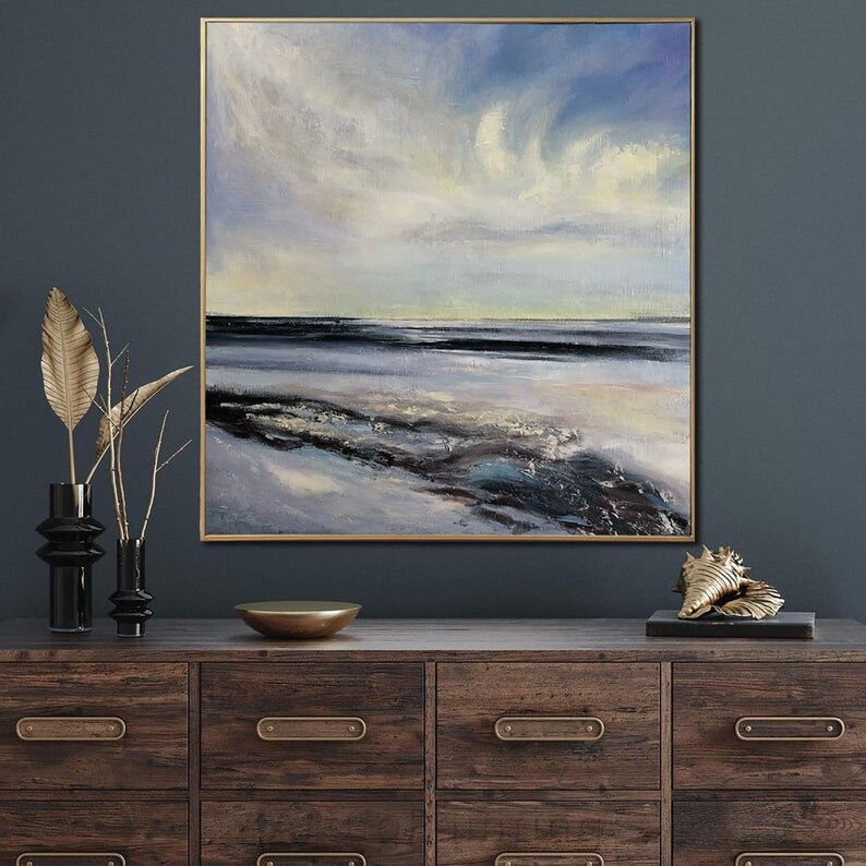 Pintura al &oacute;leo abstracta de paisaje marino, pintura de playa, Roca, ola de mar, arte de pared pintado a mano, decoraci&oacute;n para sala de estar, decoraci&oacute;n del hogar