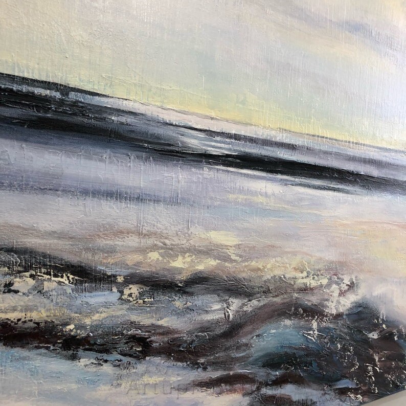 Pintura al &oacute;leo abstracta de paisaje marino, pintura de playa, Roca, ola de mar, arte de pared pintado a mano, decoraci&oacute;n para sala de estar, decoraci&oacute;n del hogar