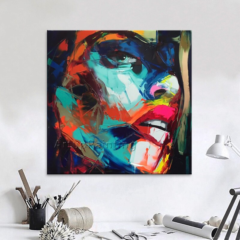 Pintura al &oacute;leo de retrato de cara de cuchillo de paleta de francotirador Nielly pintado a mano, figura de Impasto en lienzo, im&aacute;genes de pared para sala de estar