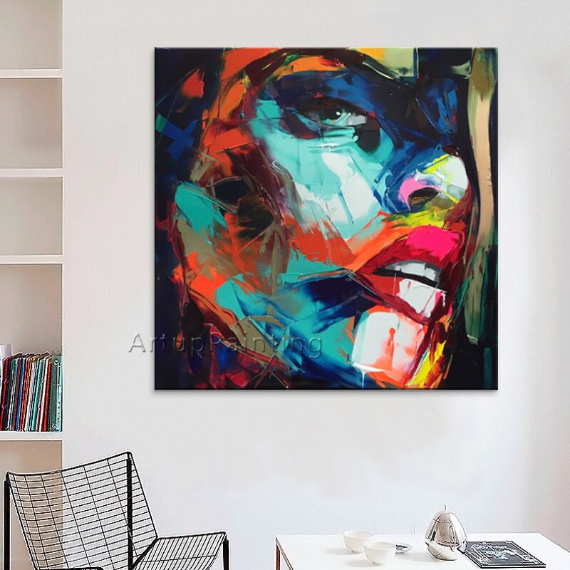 Pintura al &oacute;leo de retrato de cara de cuchillo de paleta de francotirador Nielly pintado a mano, figura de Impasto en lienzo, im&aacute;genes de pared para sala de estar