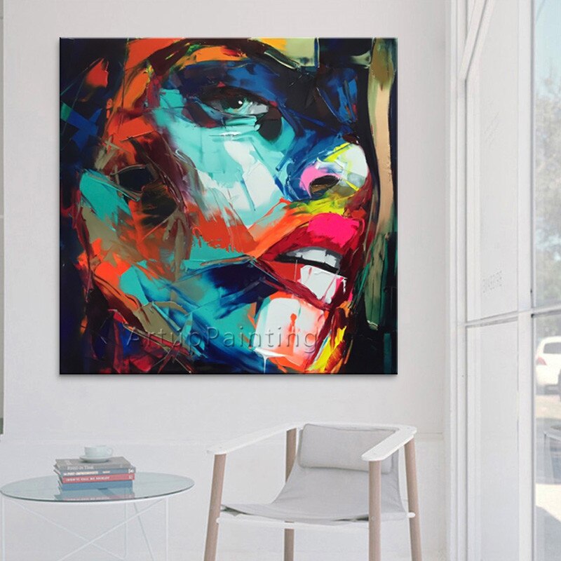 Pintura al &oacute;leo de retrato de cara de cuchillo de paleta de francotirador Nielly pintado a mano, figura de Impasto en lienzo, im&aacute;genes de pared para sala de estar