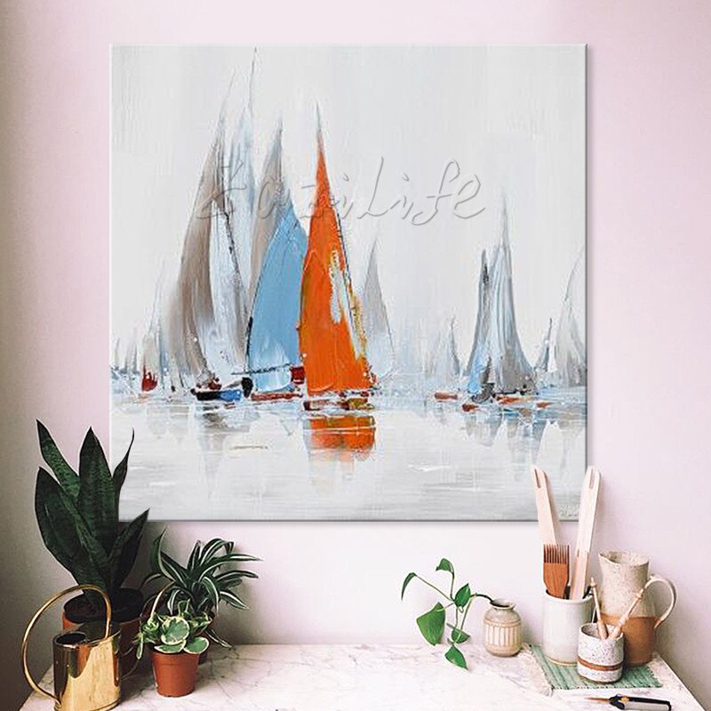 Pintura al &oacute;leo de barco pintada a mano, im&aacute;genes de pared para decoraci&oacute;n de pared de sala de estar, arte, pintura de lienzo, paleta, cuchillo, barco 40