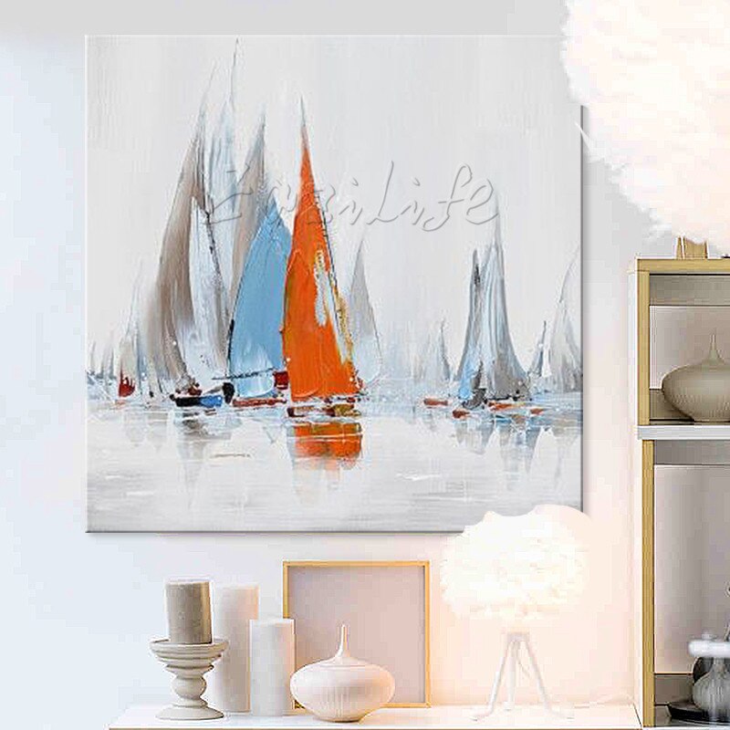 Pintura al &oacute;leo de barco pintada a mano, im&aacute;genes de pared para decoraci&oacute;n de pared de sala de estar, arte, pintura de lienzo, paleta, cuchillo, barco 40