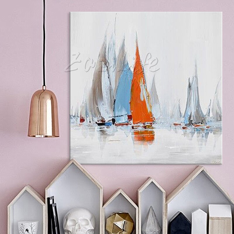 Pintura al &oacute;leo de barco pintada a mano, im&aacute;genes de pared para decoraci&oacute;n de pared de sala de estar, arte, pintura de lienzo, paleta, cuchillo, barco 40