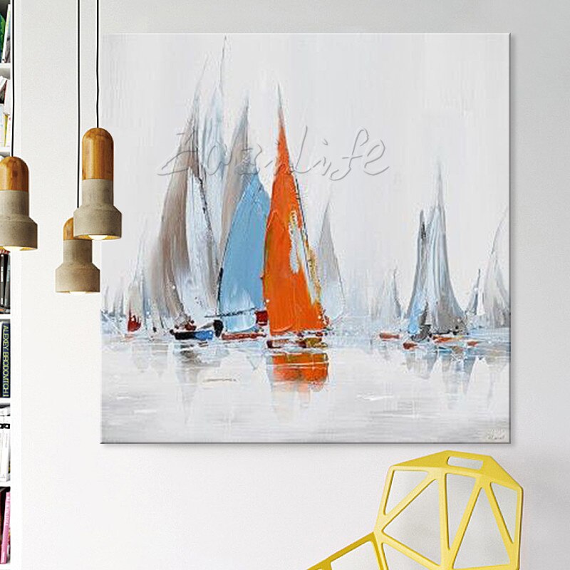 Pintura al &oacute;leo de barco pintada a mano, im&aacute;genes de pared para decoraci&oacute;n de pared de sala de estar, arte, pintura de lienzo, paleta, cuchillo, barco 40