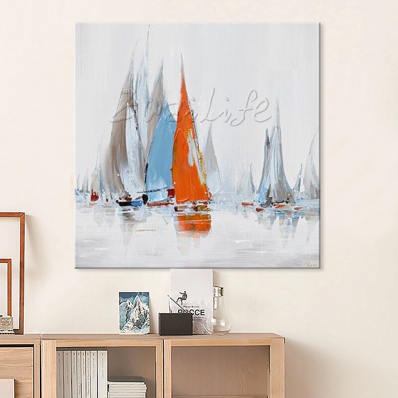 Pintura al &oacute;leo de barco pintada a mano, im&aacute;genes de pared para decoraci&oacute;n de pared de sala de estar, arte, pintura de lienzo, paleta, cuchillo, barco 40