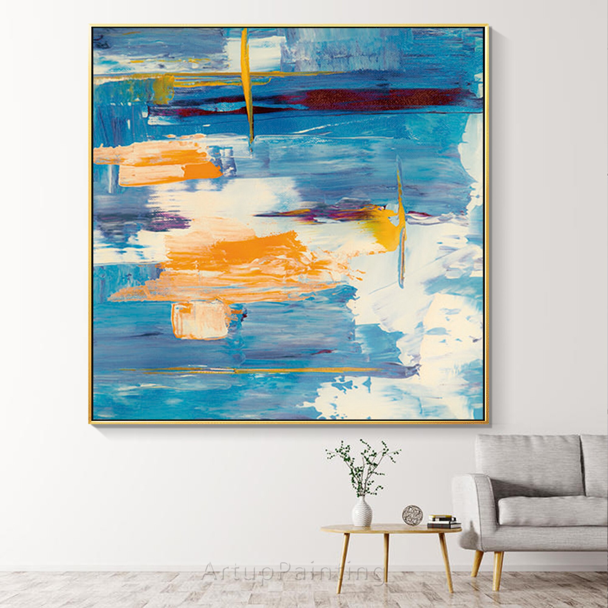 Minimalist abstract art Expressionist Orange Blue Beige canvas painting acrylic wall Pictures For Living Room caudros decoracion