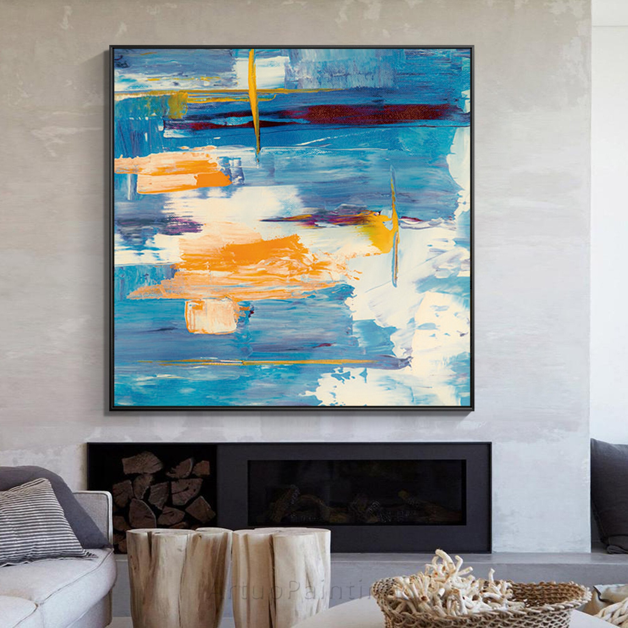 Minimalist abstract art Expressionist Orange Blue Beige canvas painting acrylic wall Pictures For Living Room caudros decoracion