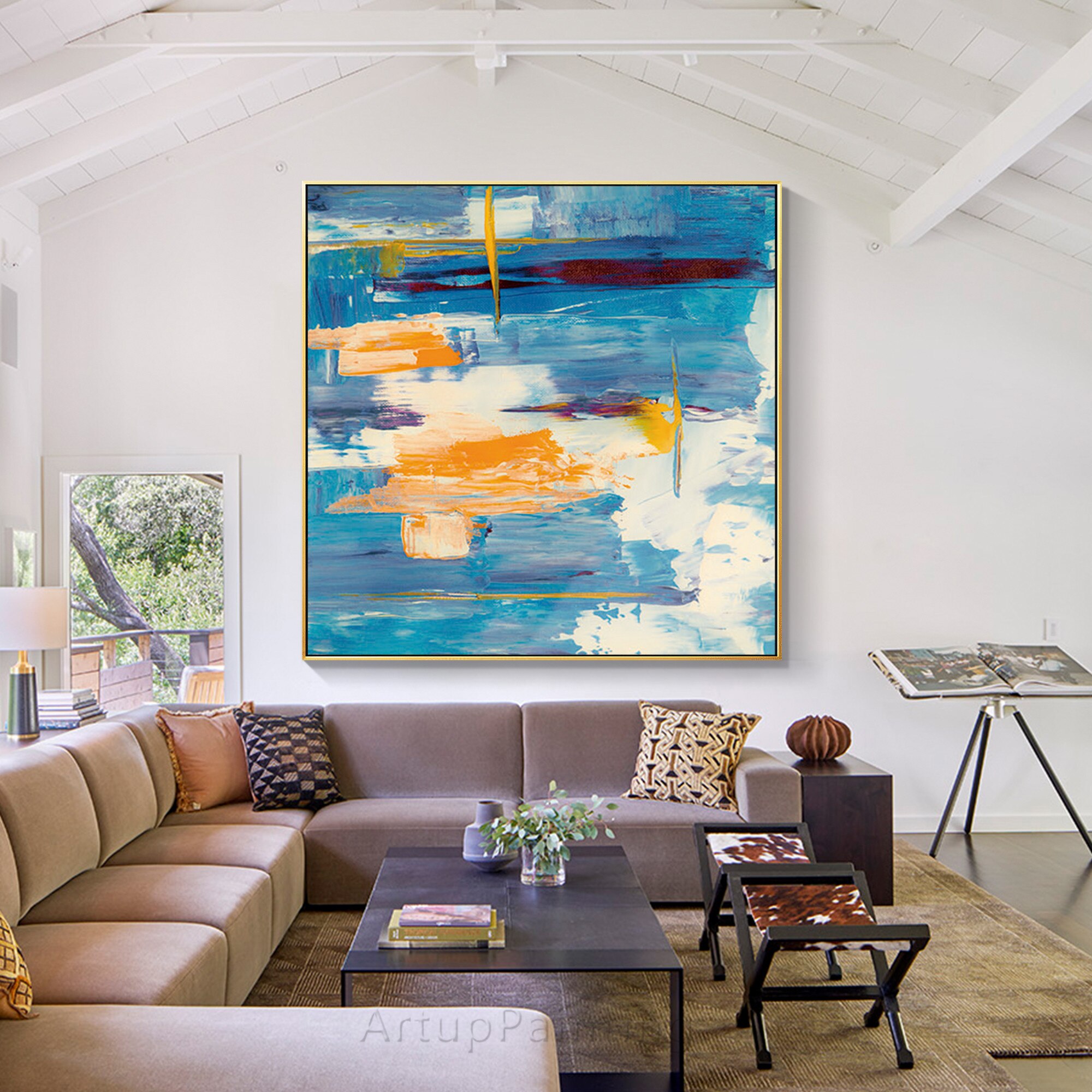 Minimalist abstract art Expressionist Orange Blue Beige canvas painting acrylic wall Pictures For Living Room caudros decoracion