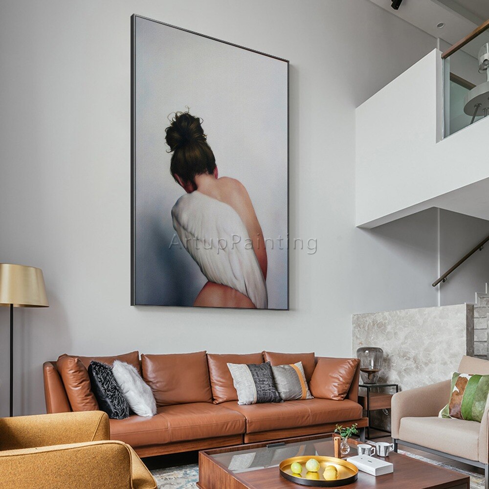Modern oil Painting on Canvas Hand Painted white feather woman’s back potrait Wall Art Picture for Living Room Home Decoration Modern oil Painting on Canvas Hand Painted white feather woman’s back potrait Wall Art Picture for Living Room Home Decoration