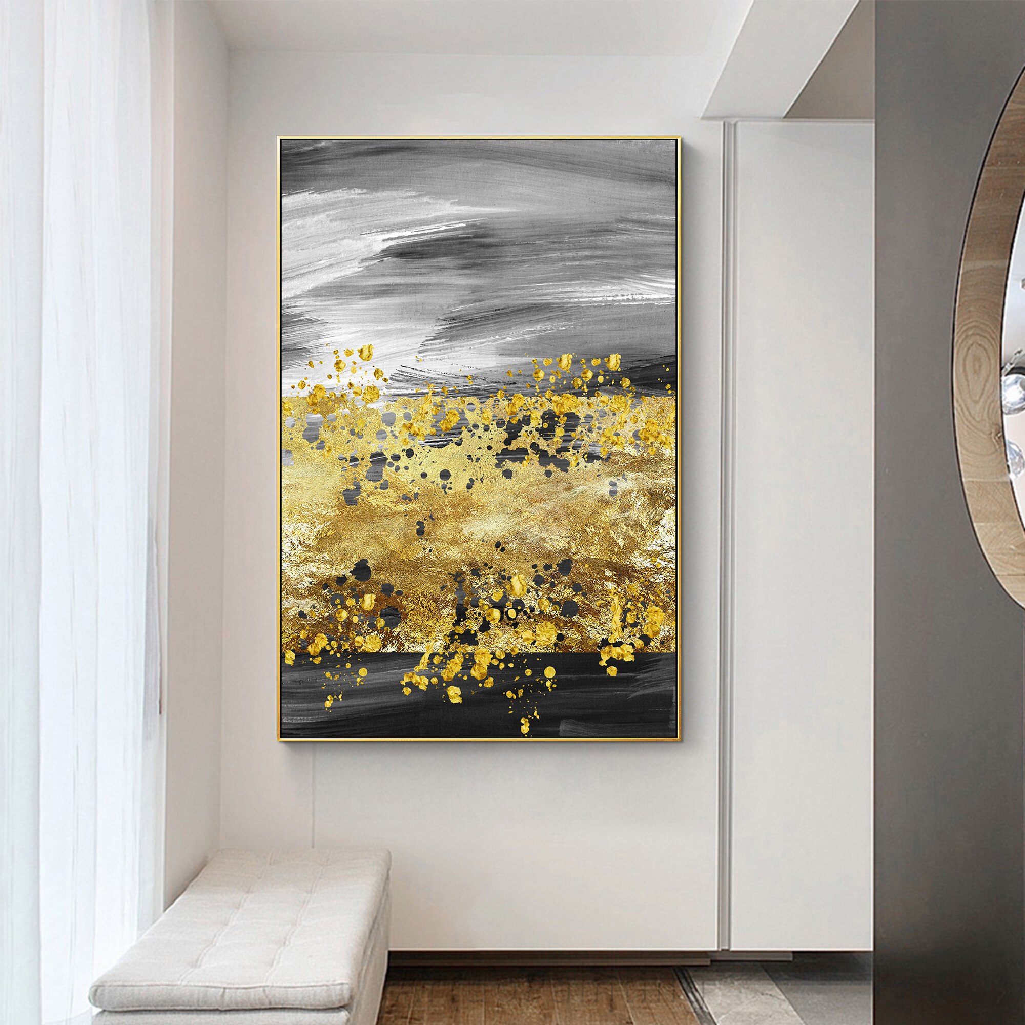 Gray Abstract Gold Leaf Black Hand Painting Canvas Texture oil painting acrylic large wall art picture for home decoration
