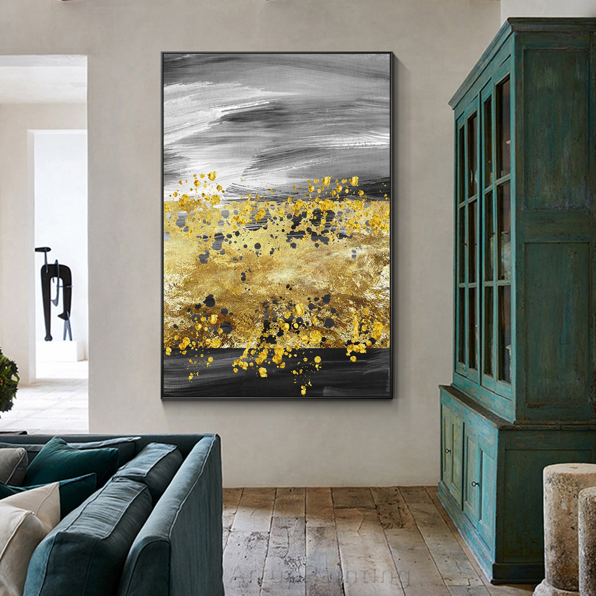Gray Abstract Gold Leaf Black Hand Painting Canvas Texture oil painting acrylic large wall art picture for home decoration