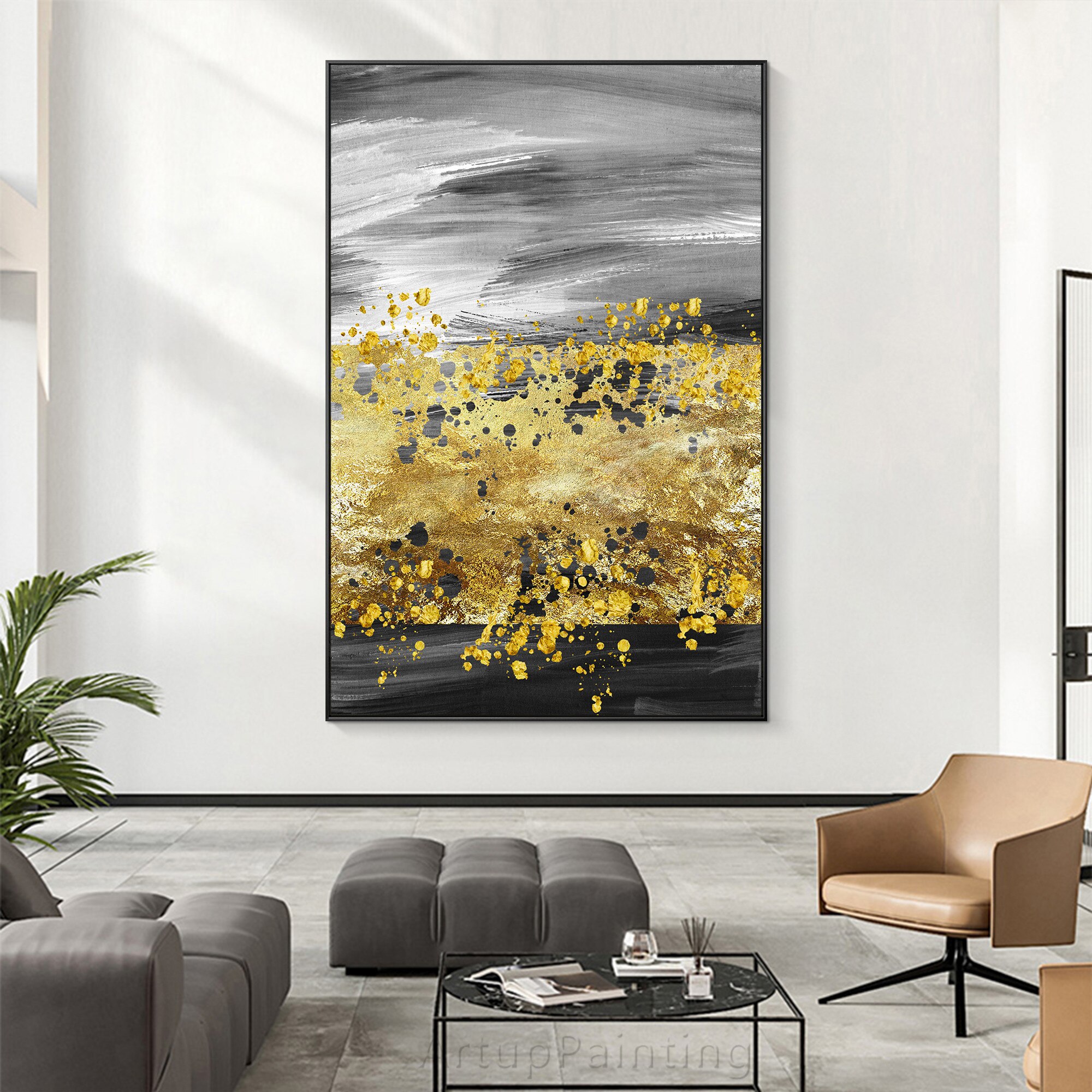 Gray Abstract Gold Leaf Black Hand Painting Canvas Texture oil painting acrylic large wall art picture for home decoration