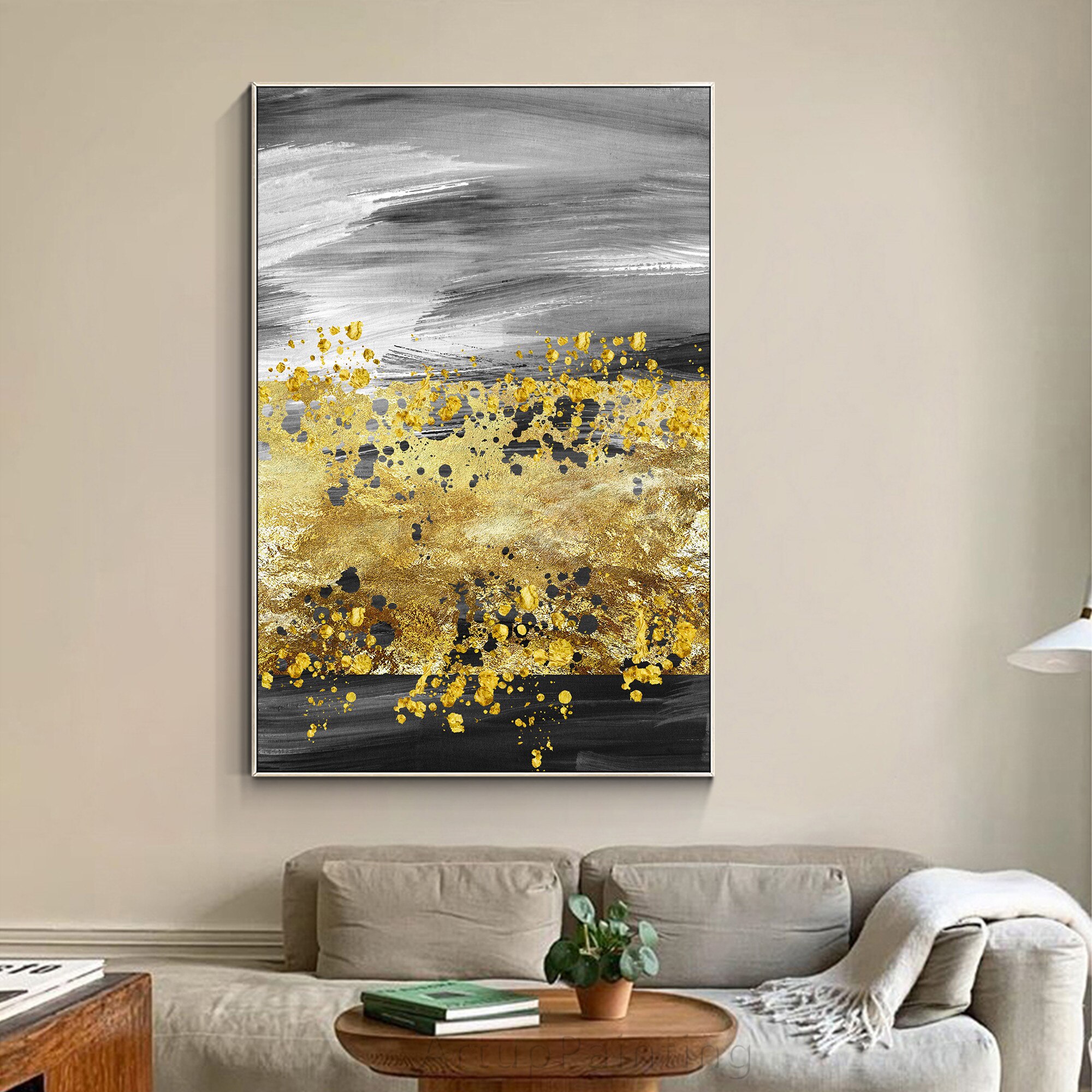 Gray Abstract Gold Leaf Black Hand Painting Canvas Texture oil painting acrylic large wall art picture for home decoration