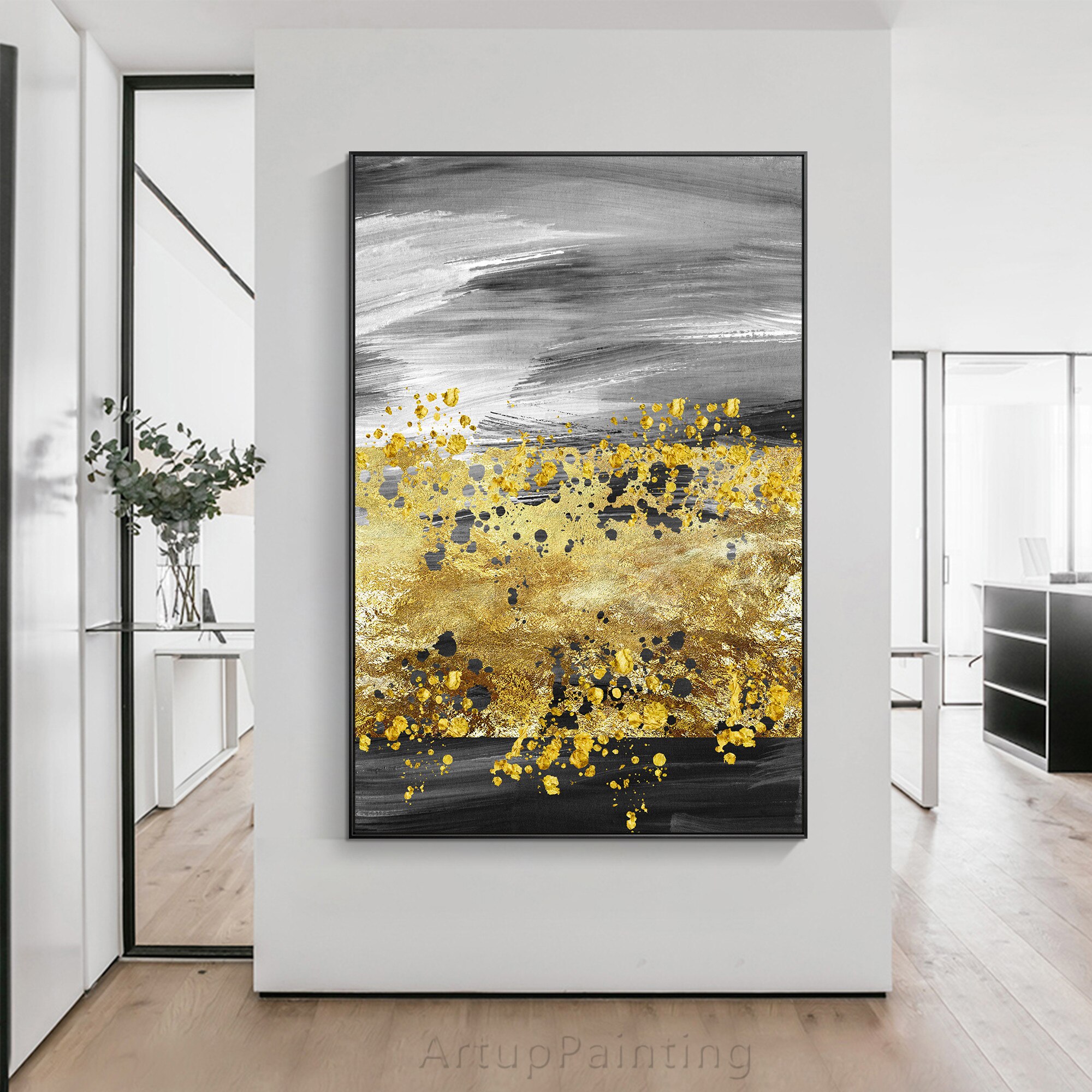 Gray Abstract Gold Leaf Black Hand Painting Canvas Texture oil painting acrylic large wall art picture for home decoration