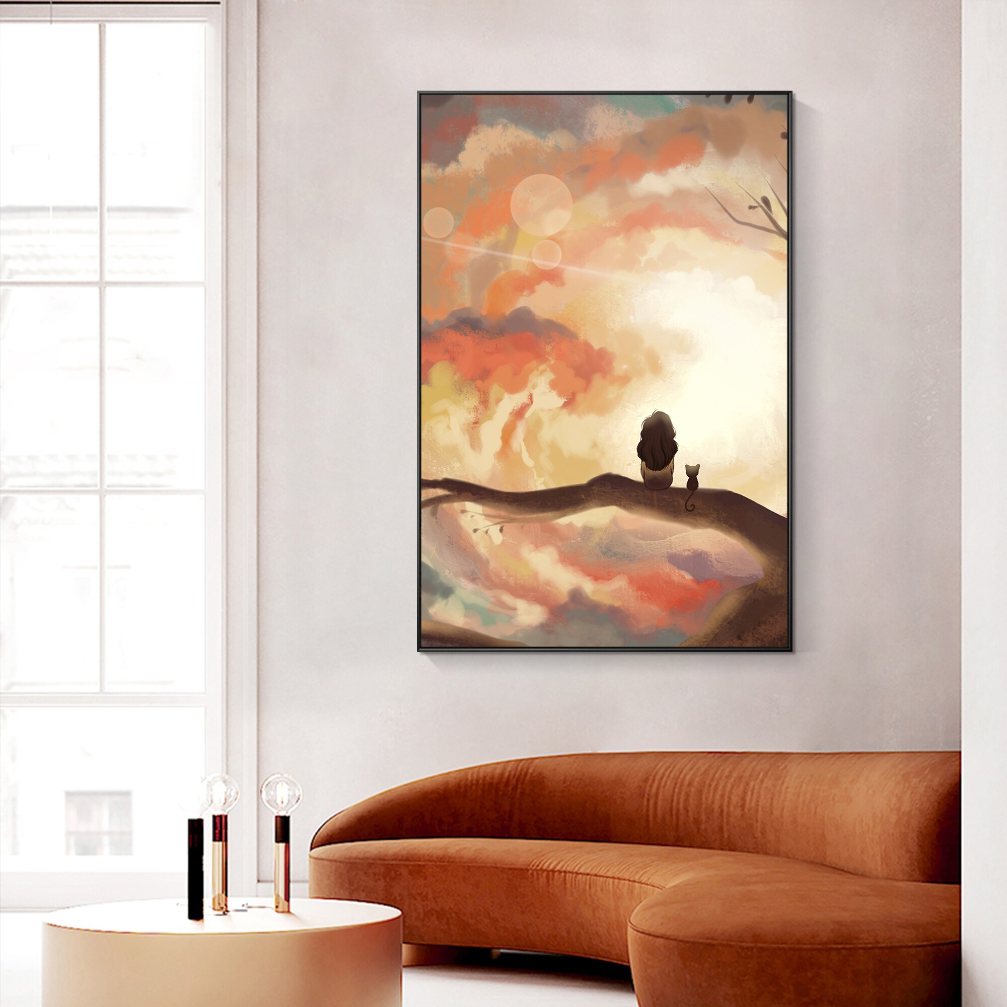 Cartoon Abstract Orange Sunset people stands on tree Hand Painting Canvas Texture oil painting acrylic large wall art picture