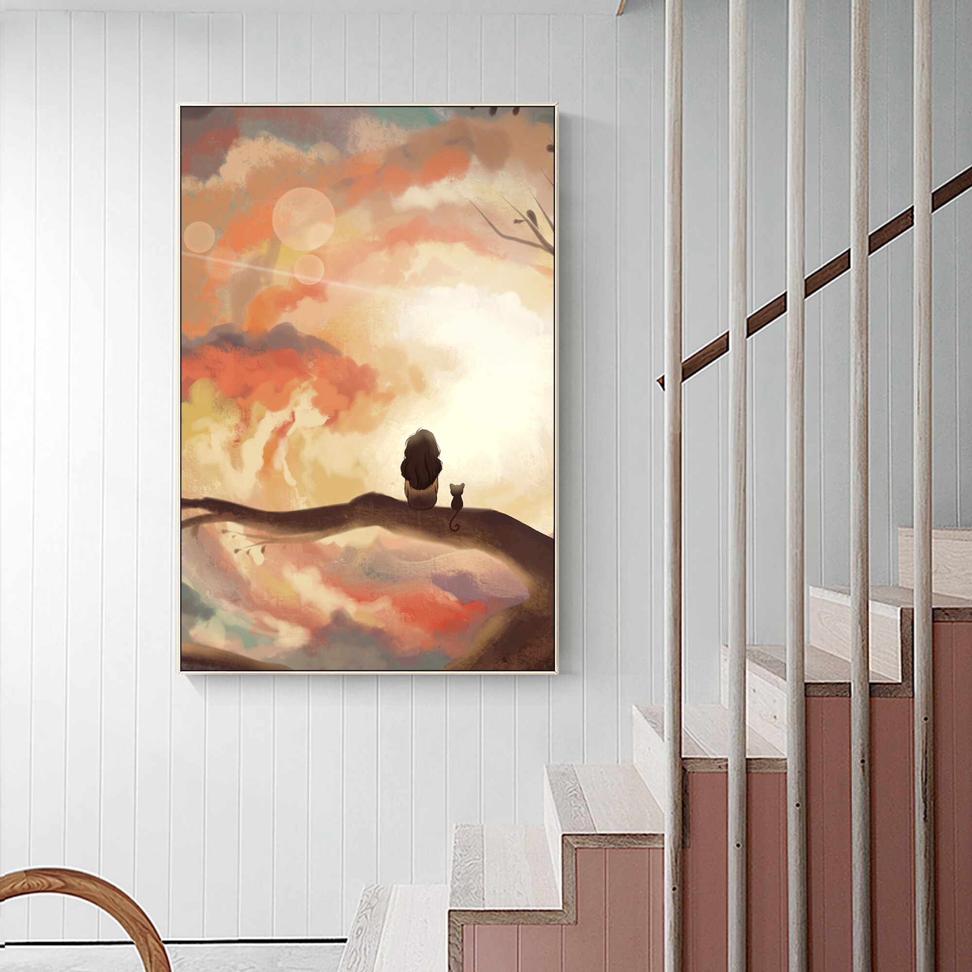 Cartoon Abstract Orange Sunset people stands on tree Hand Painting Canvas Texture oil painting acrylic large wall art picture