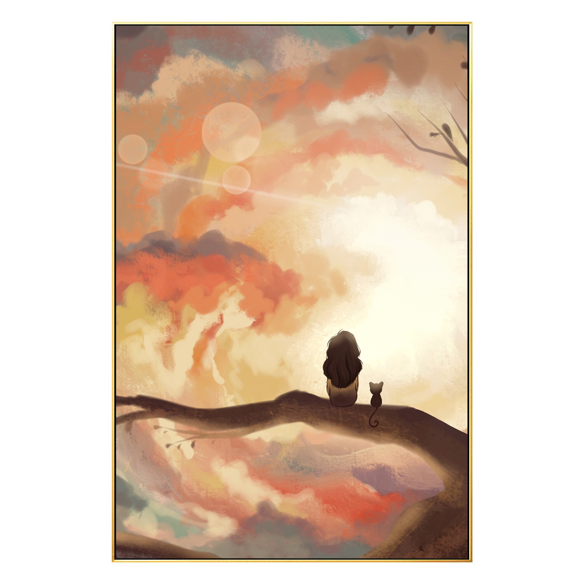 Cartoon Abstract Orange Sunset people stands on tree Hand Painting Canvas Texture oil painting acrylic large wall art picture