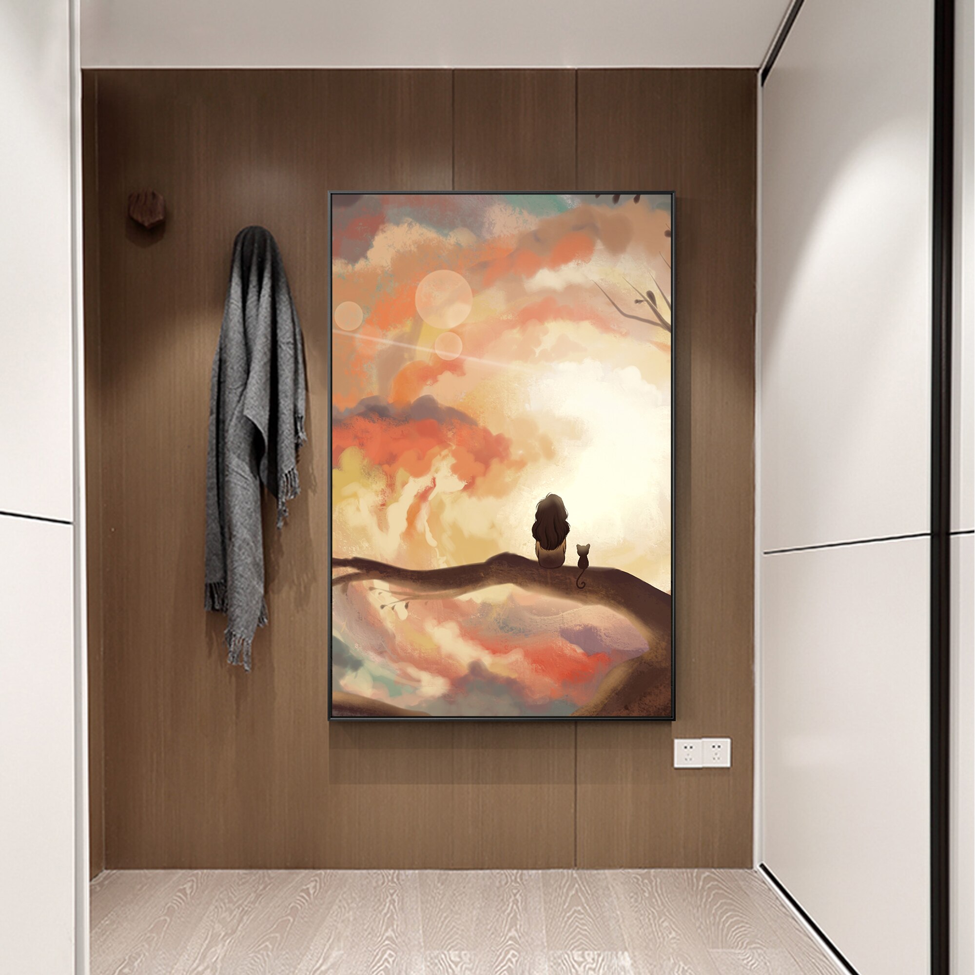 Cartoon Abstract Orange Sunset people stands on tree Hand Painting Canvas Texture oil painting acrylic large wall art picture