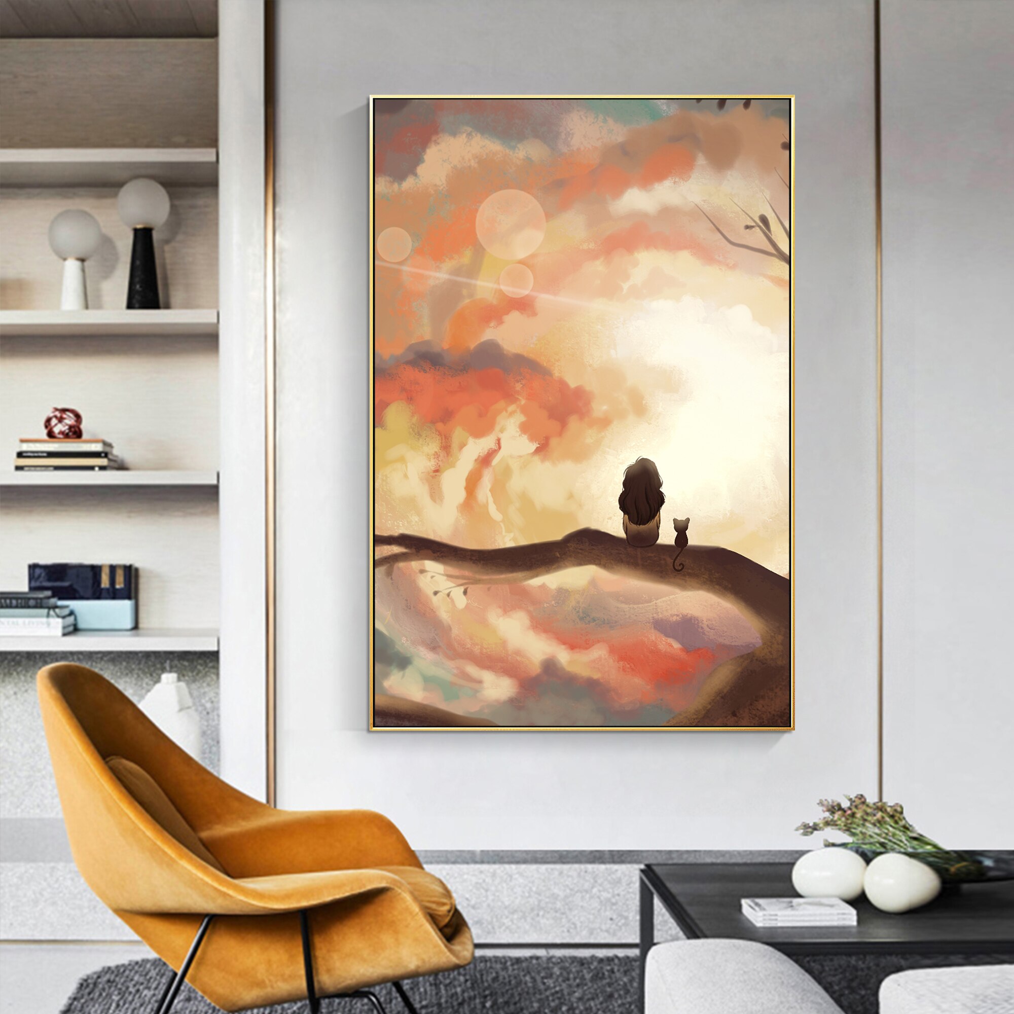 Cartoon Abstract Orange Sunset people stands on tree Hand Painting Canvas Texture oil painting acrylic large wall art picture