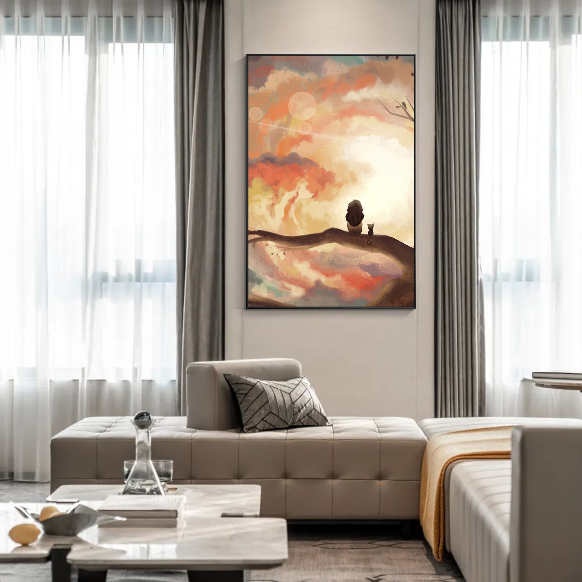 Cartoon Abstract Orange Sunset people stands on tree Hand Painting Canvas Texture oil painting acrylic large wall art picture