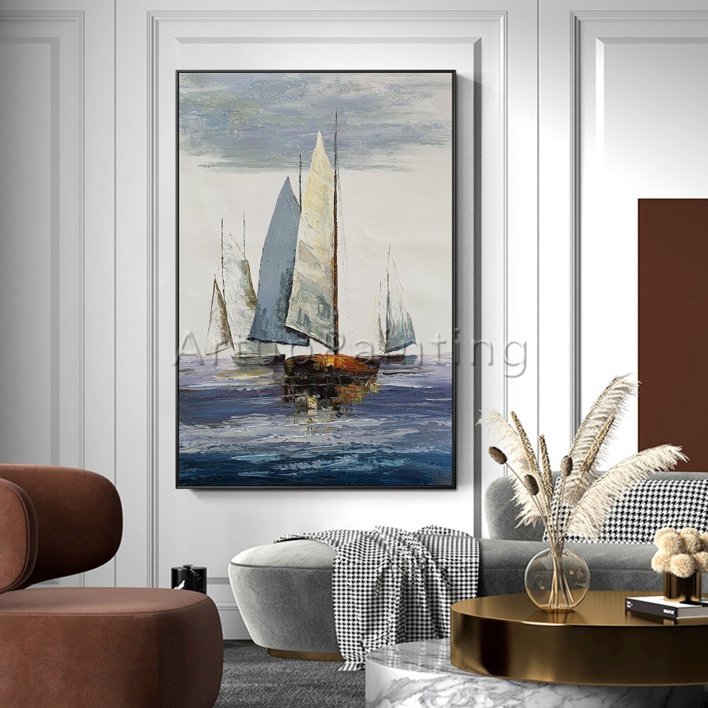 Canvas oil painting room decoracion sailing boat ship yacht acrylic painting Wall art Pictures For Living Room seascape