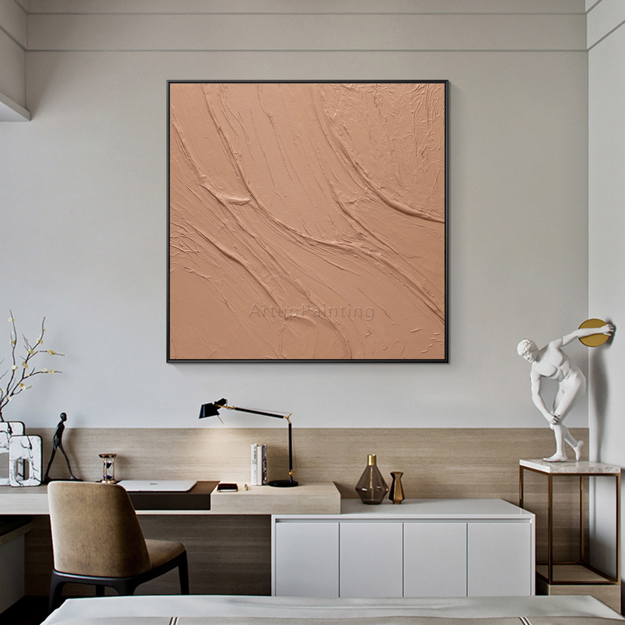 Modern Abstract Cinnamon Yellowish Brown Hand Painted on Canvas Heavy texture acrylic large wall art picture for home decoration