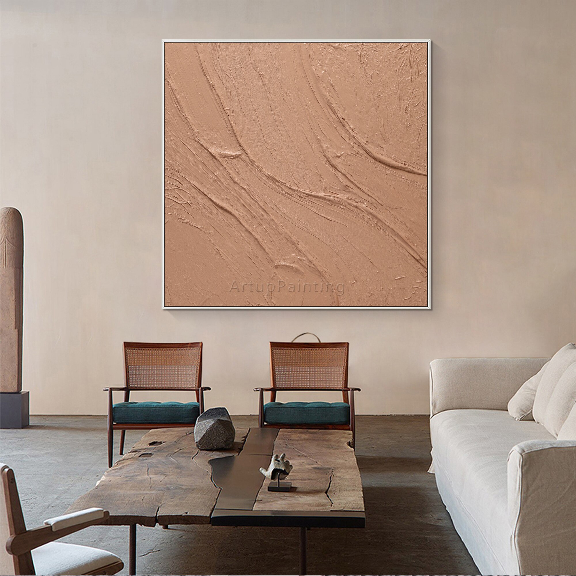Modern Abstract Cinnamon Yellowish Brown Hand Painted on Canvas Heavy texture acrylic large wall art picture for home decoration