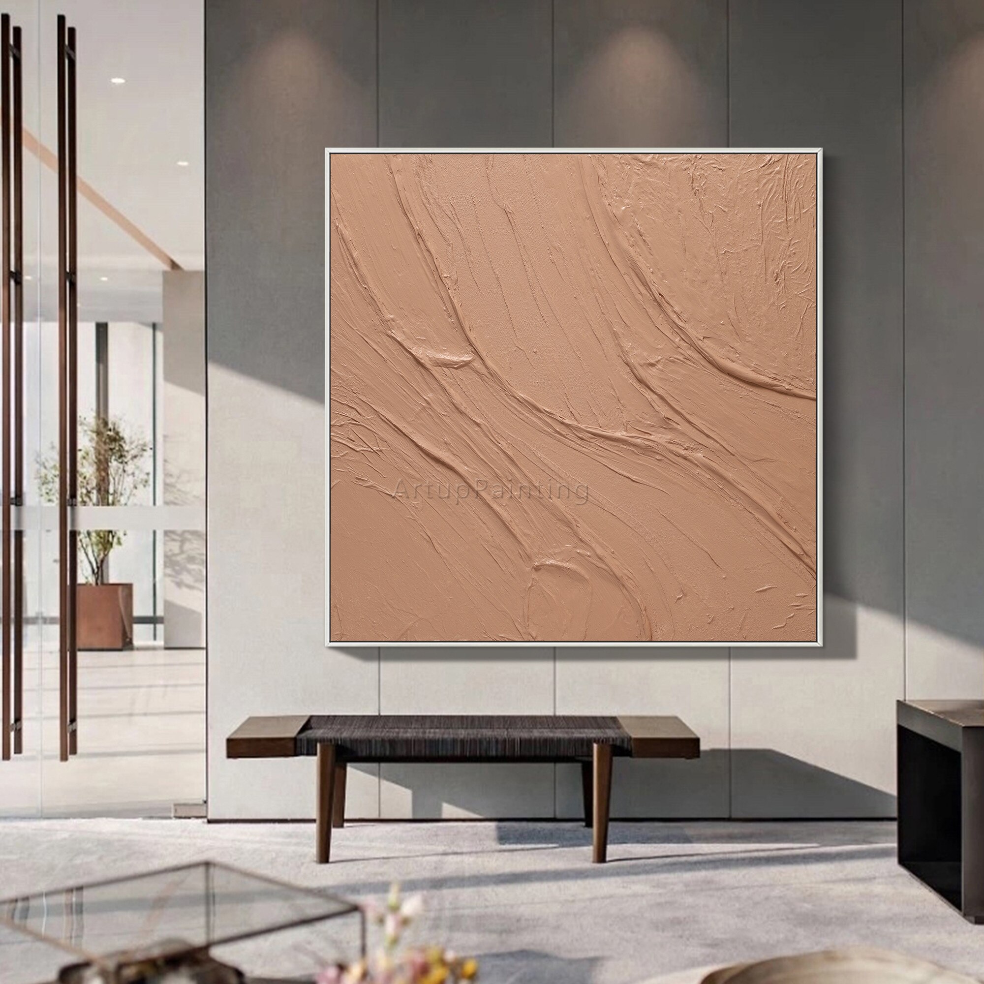 Modern Abstract Cinnamon Yellowish Brown Hand Painted on Canvas Heavy texture acrylic large wall art picture for home decoration