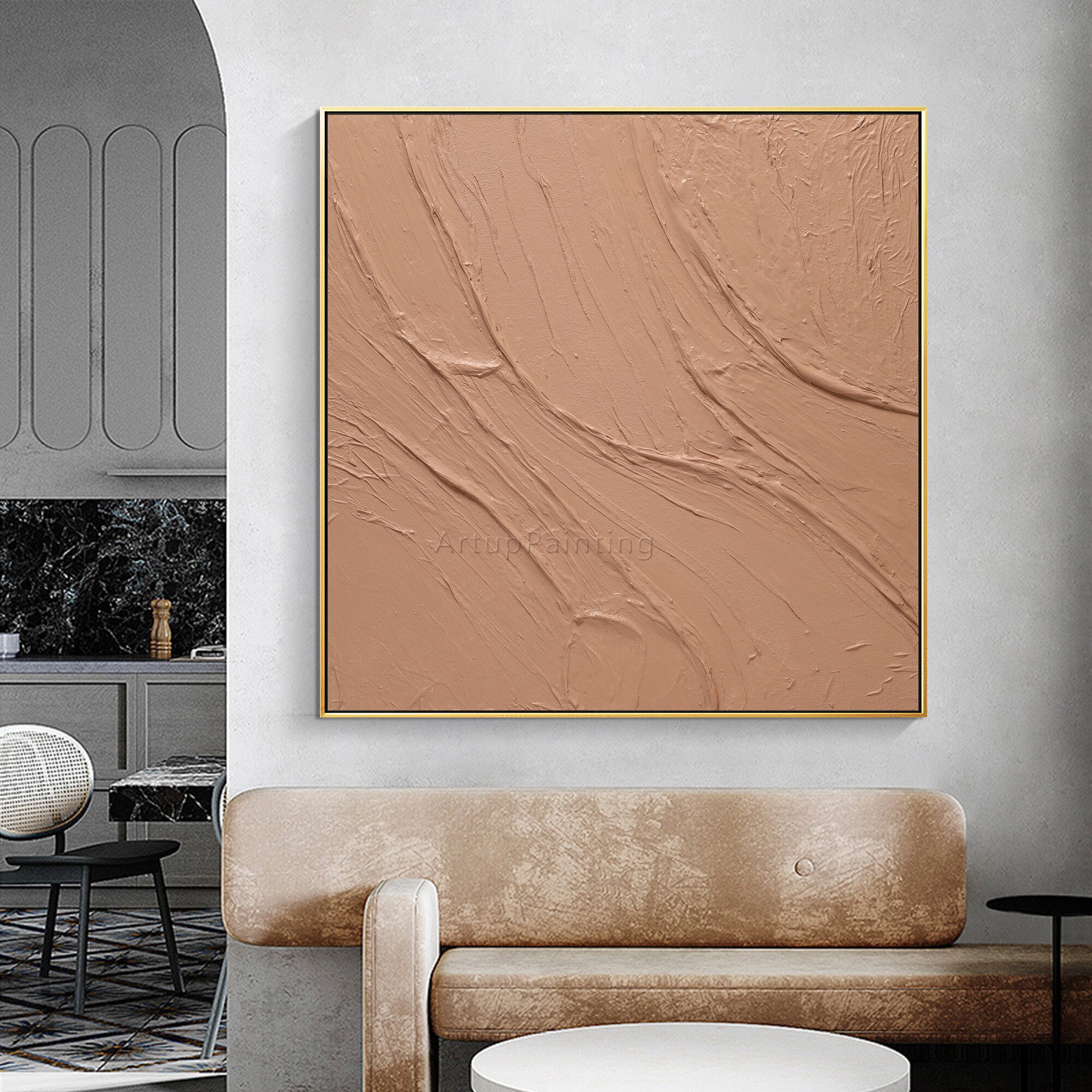 Modern Abstract Cinnamon Yellowish Brown Hand Painted on Canvas Heavy texture acrylic large wall art picture for home decoration