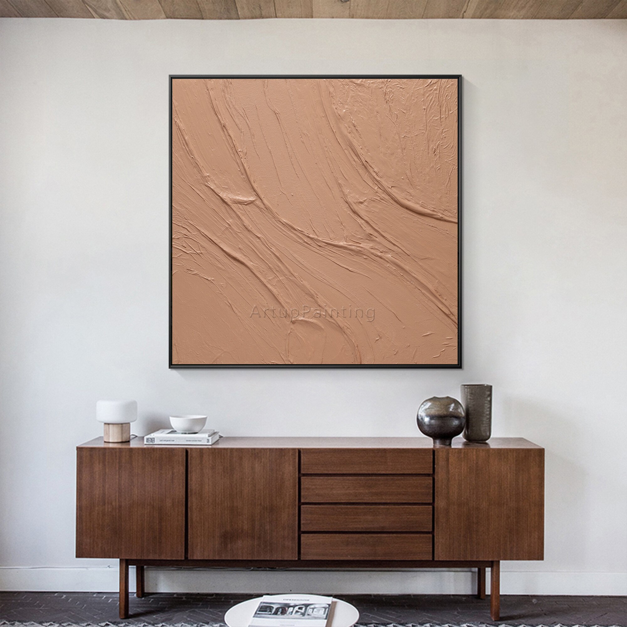Modern Abstract Cinnamon Yellowish Brown Hand Painted on Canvas Heavy texture acrylic large wall art picture for home decoration
