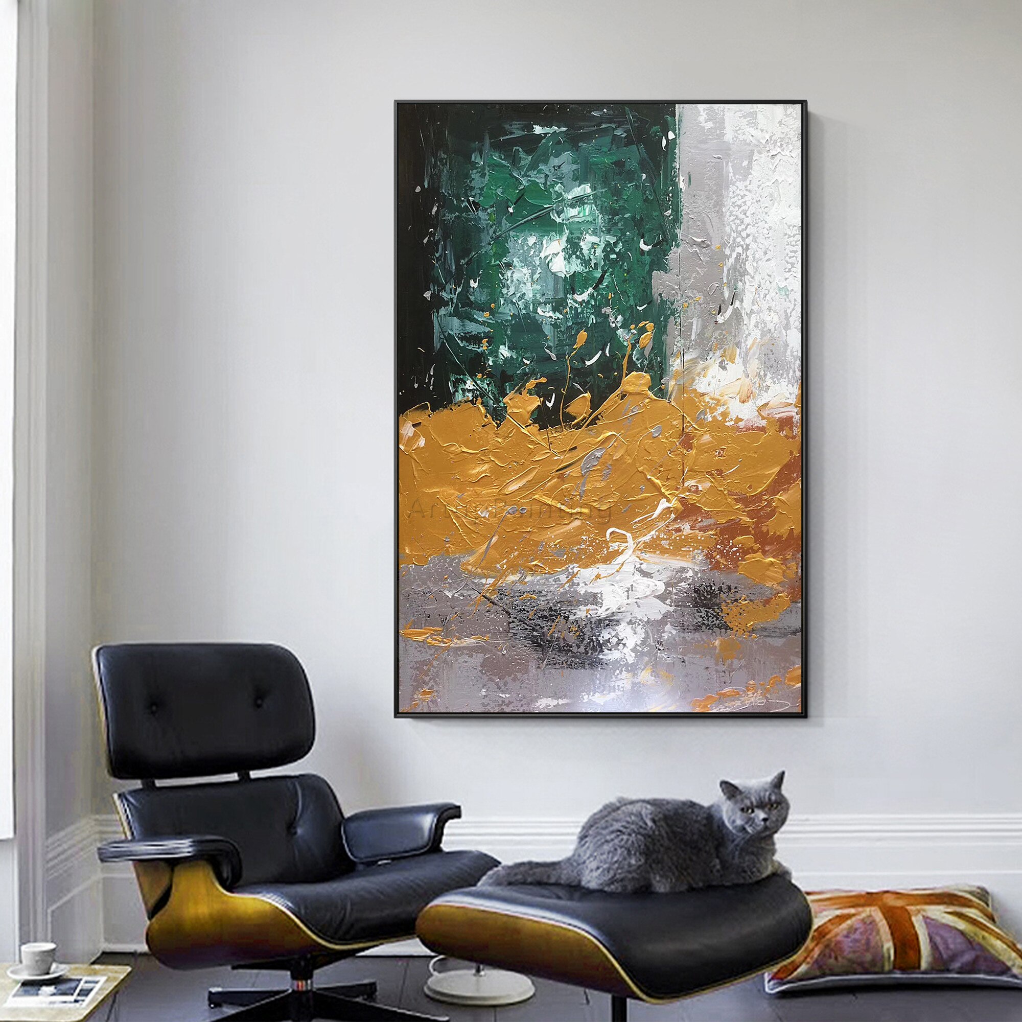 Pintura abstracta moderna a mano para decoraci&oacute;n del hogar, pintura al &oacute;leo con textura de lienzo, imagen art&iacute;stica de pared grande acr&iacute;lica para decoraci&oacute;n del hogar, verde, amarillo y gris