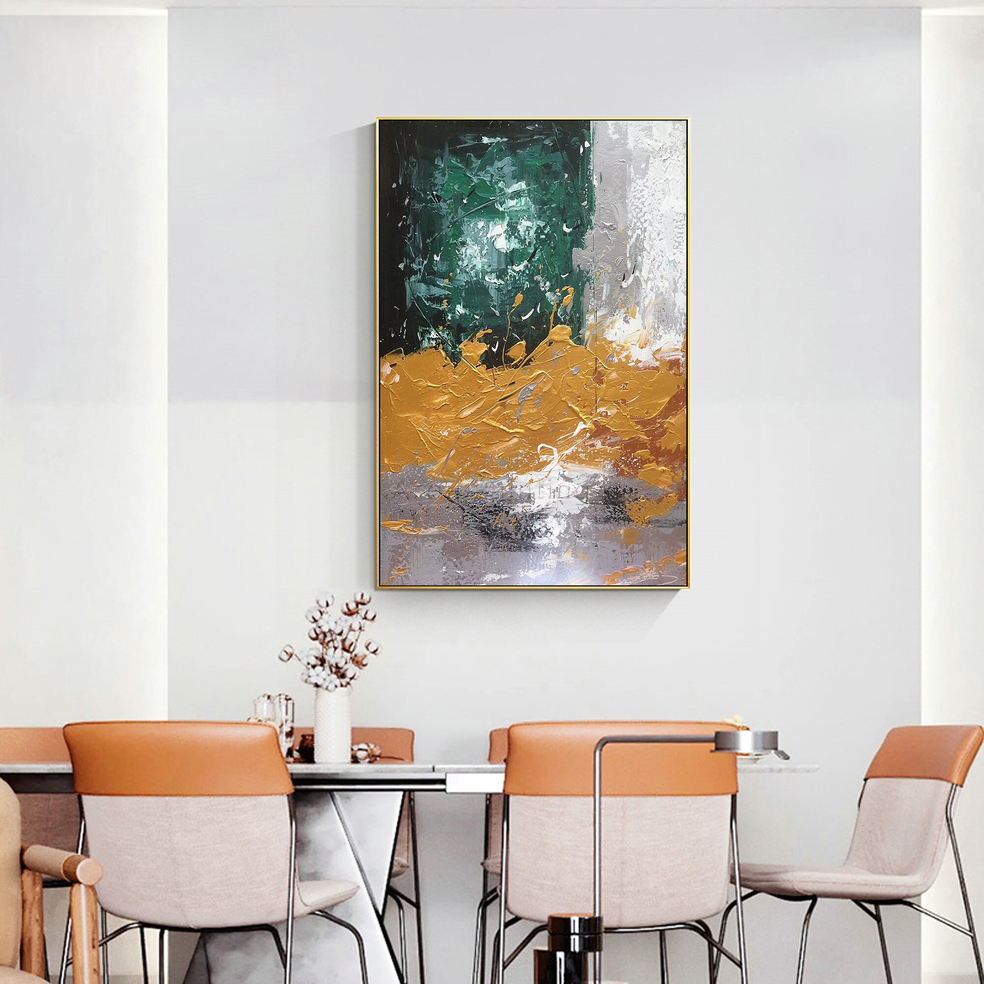 Pintura abstracta moderna a mano para decoraci&oacute;n del hogar, pintura al &oacute;leo con textura de lienzo, imagen art&iacute;stica de pared grande acr&iacute;lica para decoraci&oacute;n del hogar, verde, amarillo y gris
