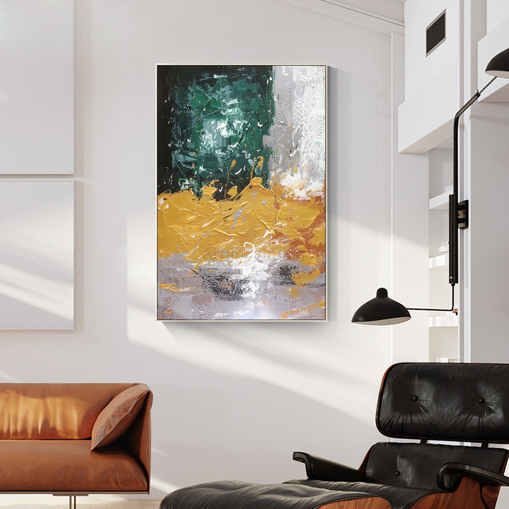 Pintura abstracta moderna a mano para decoraci&oacute;n del hogar, pintura al &oacute;leo con textura de lienzo, imagen art&iacute;stica de pared grande acr&iacute;lica para decoraci&oacute;n del hogar, verde, amarillo y gris