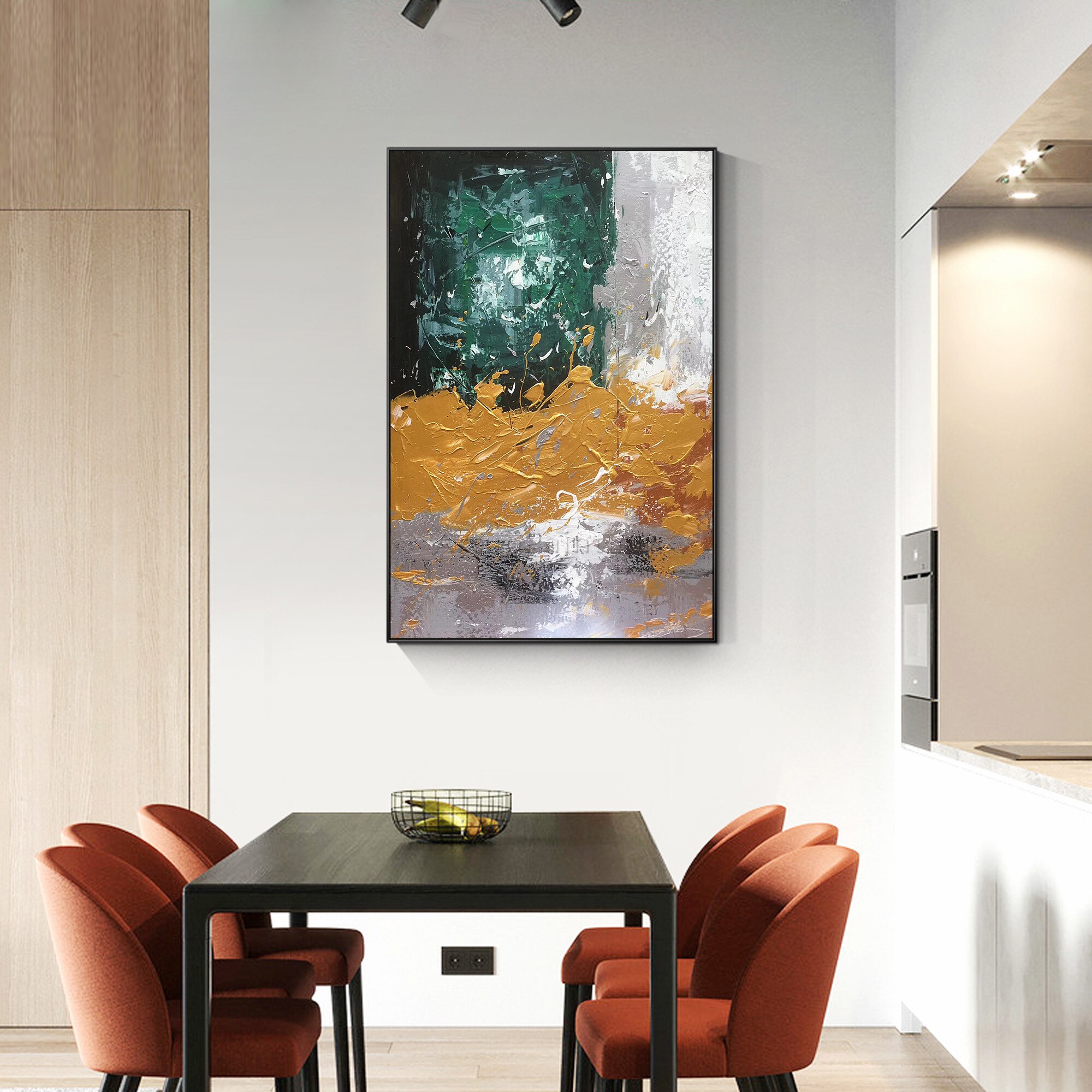 Pintura abstracta moderna a mano para decoraci&oacute;n del hogar, pintura al &oacute;leo con textura de lienzo, imagen art&iacute;stica de pared grande acr&iacute;lica para decoraci&oacute;n del hogar, verde, amarillo y gris