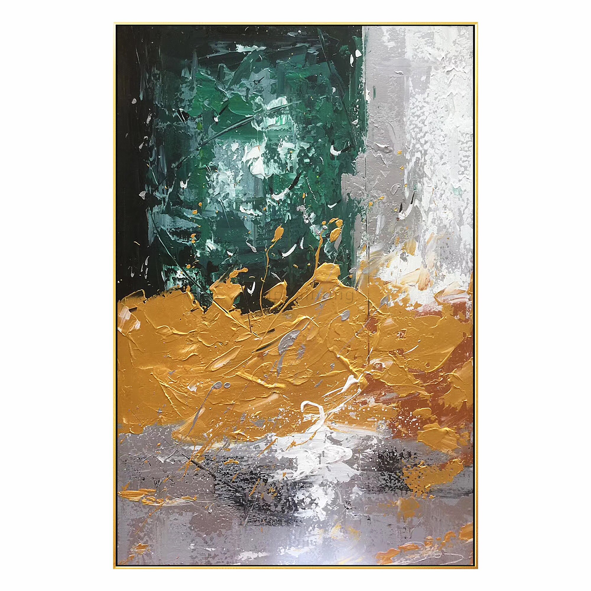 Pintura abstracta moderna a mano para decoraci&oacute;n del hogar, pintura al &oacute;leo con textura de lienzo, imagen art&iacute;stica de pared grande acr&iacute;lica para decoraci&oacute;n del hogar, verde, amarillo y gris
