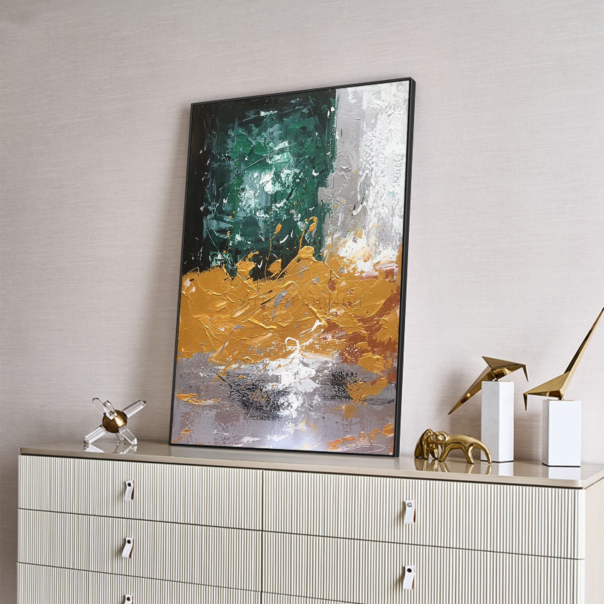 Pintura abstracta moderna a mano para decoraci&oacute;n del hogar, pintura al &oacute;leo con textura de lienzo, imagen art&iacute;stica de pared grande acr&iacute;lica para decoraci&oacute;n del hogar, verde, amarillo y gris