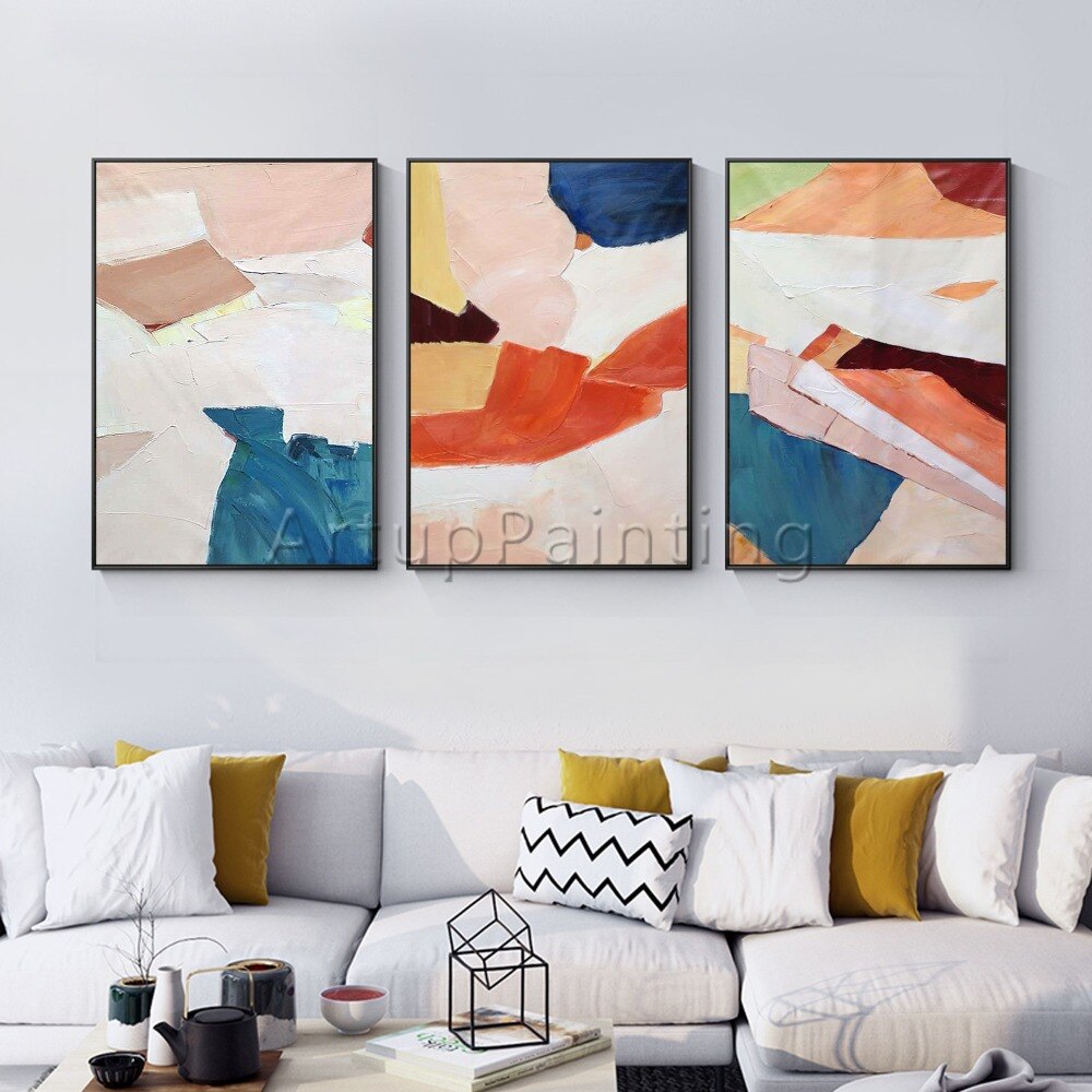 Juego de 3 pinturas al &oacute;leo modernas sobre lienzo, im&aacute;genes art&iacute;sticas de pared abstractas pintadas a mano para decoraci&oacute;n de pared de sala de estar, gris, blanco y naranja