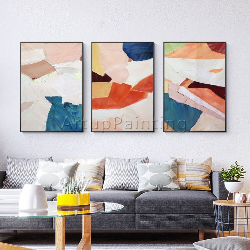 Juego de 3 pinturas al &oacute;leo modernas sobre lienzo, im&aacute;genes art&iacute;sticas de pared abstractas pintadas a mano para decoraci&oacute;n de pared de sala de estar, gris, blanco y naranja