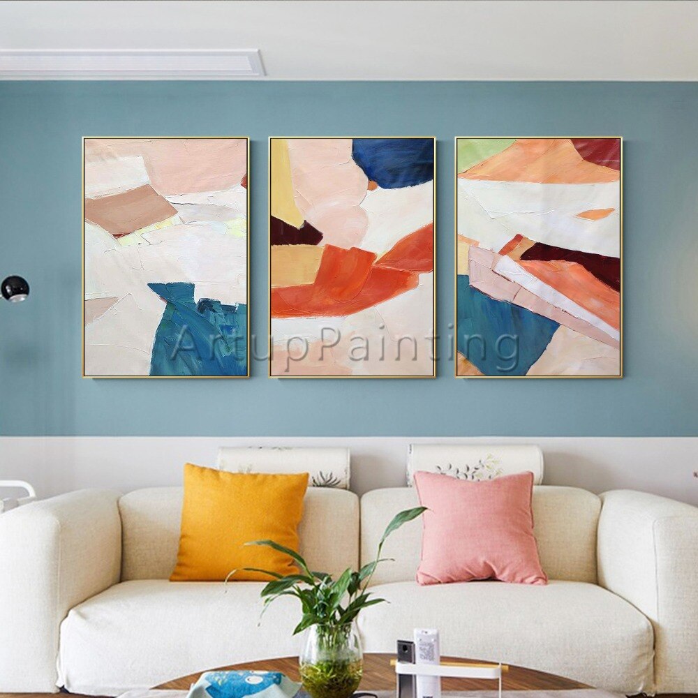Juego de 3 pinturas al &oacute;leo modernas sobre lienzo, im&aacute;genes art&iacute;sticas de pared abstractas pintadas a mano para decoraci&oacute;n de pared de sala de estar, gris, blanco y naranja