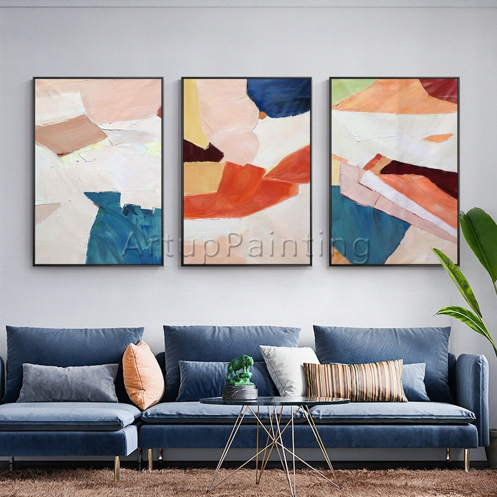Juego de 3 pinturas al &oacute;leo modernas sobre lienzo, im&aacute;genes art&iacute;sticas de pared abstractas pintadas a mano para decoraci&oacute;n de pared de sala de estar, gris, blanco y naranja