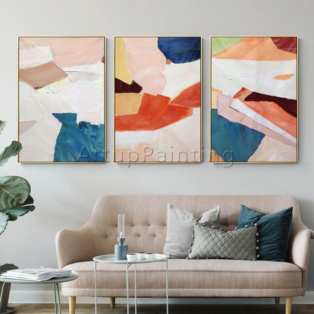 Juego de 3 pinturas al &oacute;leo modernas sobre lienzo, im&aacute;genes art&iacute;sticas de pared abstractas pintadas a mano para decoraci&oacute;n de pared de sala de estar, gris, blanco y naranja